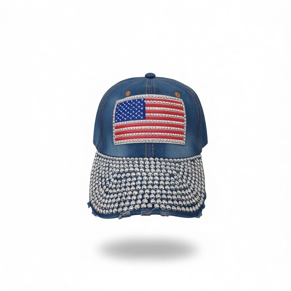 Blue Rhinestone American Flag Cap